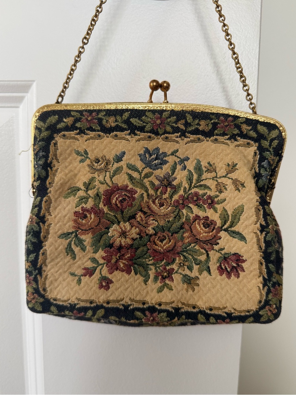 Vintage Floral Tapestry Handbag in Beige and Multicolor